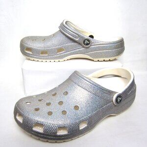 CROCS Classic Clog Women's 11 Silver Glitter Shimmer EUC Sparkle